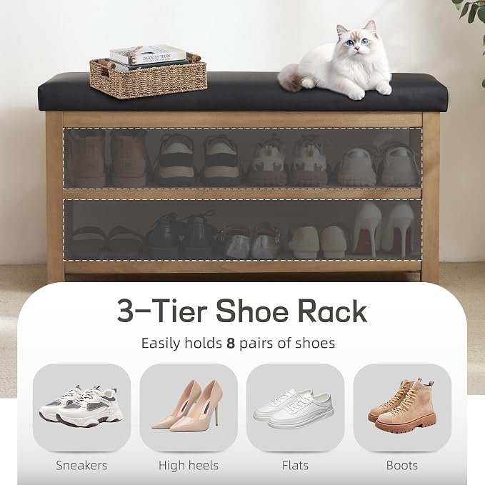 Shoe Rack Bench with Leather Cushion, 2 Tier Solid Wood Storage Bench, - Image 6