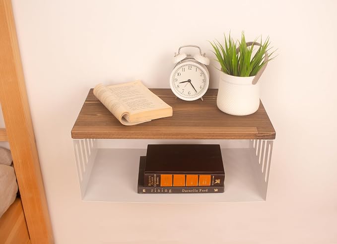 Floating Nightstand with White Metal Base, Wooden Top and Sturdy Metal Base - Image 3