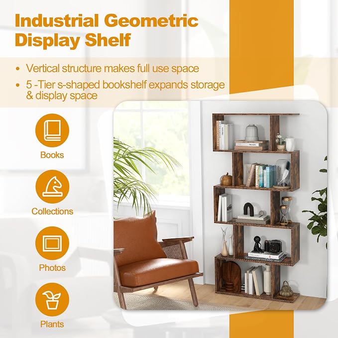 5-Tier Geometric Bookcase, 62.5” Freestanding Room Divider Bookshelf - Image 7