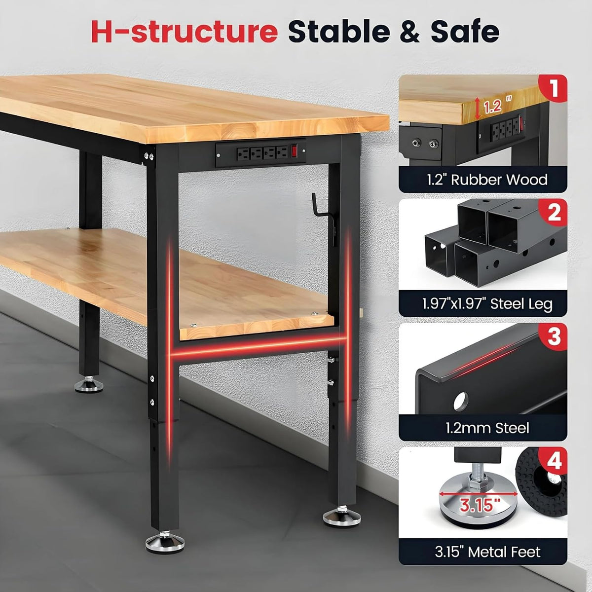 48" Adjustable Workbench with Storage Shelf,Pegboard&Power Outlet
