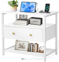 27 Inch Wide Night Stand with Charging Station, Wood Nightstand with Open Shelf by Edbuosy