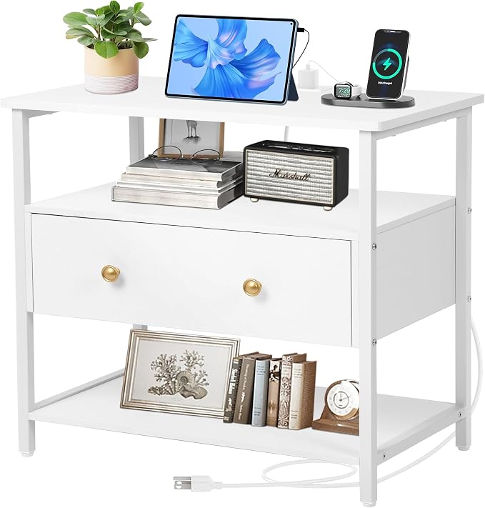 27 Inch Wide Night Stand with Charging Station, Wood Nightstand with Open Shelf by Edbuosy