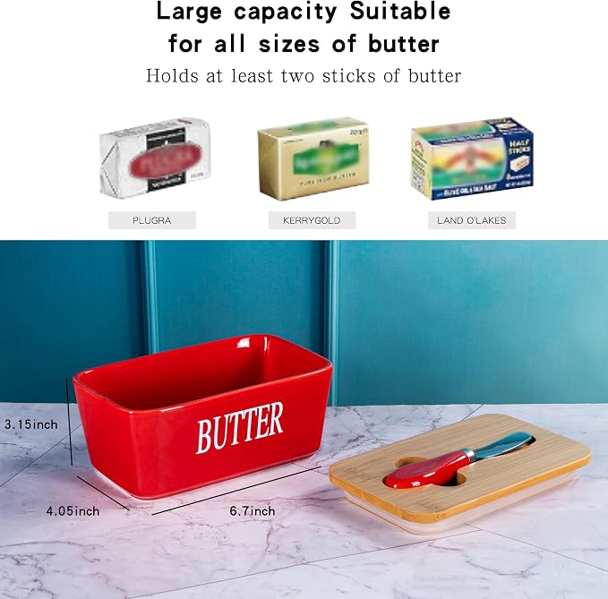 Red Butter Dish with Lid for Countertop, Large Ceramic Covered Butter Stick - Image 2