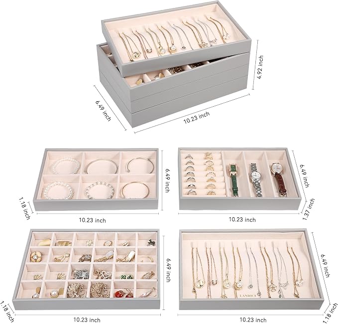 LANDICI Stackable Jewelry Organizer Trays 4 Set, PU Leather Jewelry Organizer - Image 4