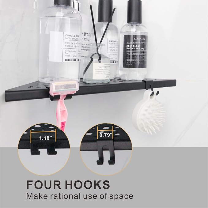 Corner Shower Shelf with 4 Hooks, 10 Inch 304 Stainless Steel Recessed Bathroom - Image 3