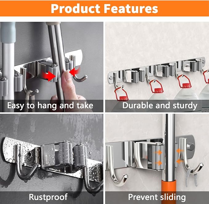 2 Pack Mop and Broom Holder Wall Mount, Non-slip Broom Hanger Wall Mount - Image 3