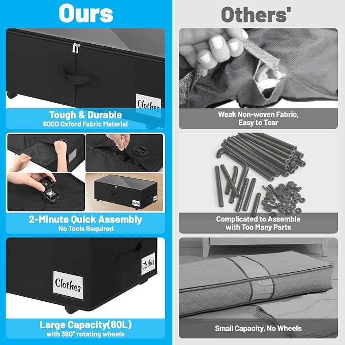 2 Pack Under Bed Storage with Wheels 10" Height, Rolling Storage Bins XXL 60L - Image 5