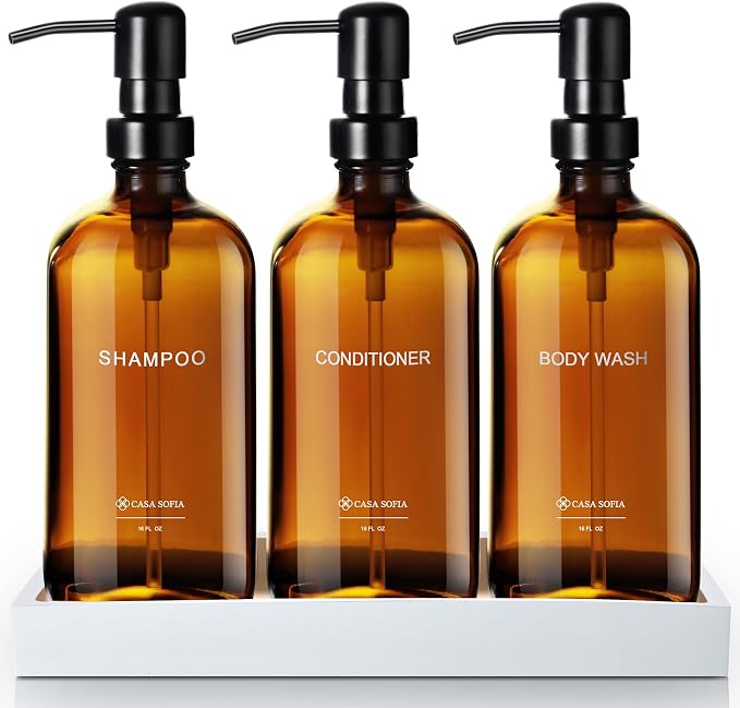 Amber Glass Shampoo and Conditioner Dispenser Set – Refillable 16 OZ Bottles by CasaSofia