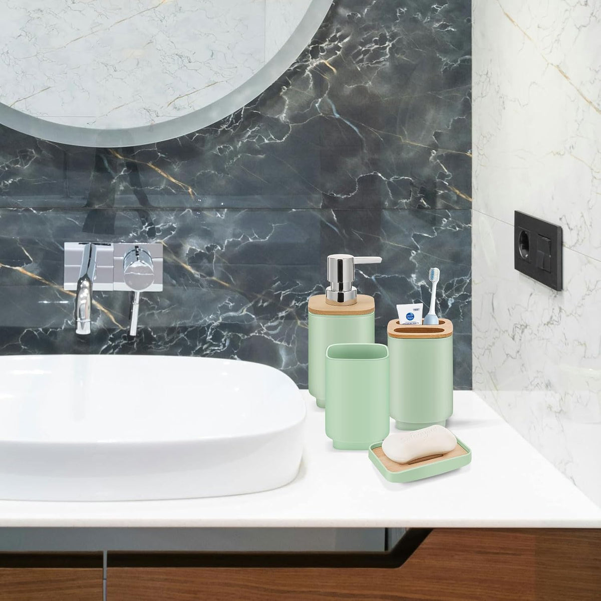 IMAVO 11 Piece Green Bathroom Set, Trash Can, Toilet Brush, Storage
