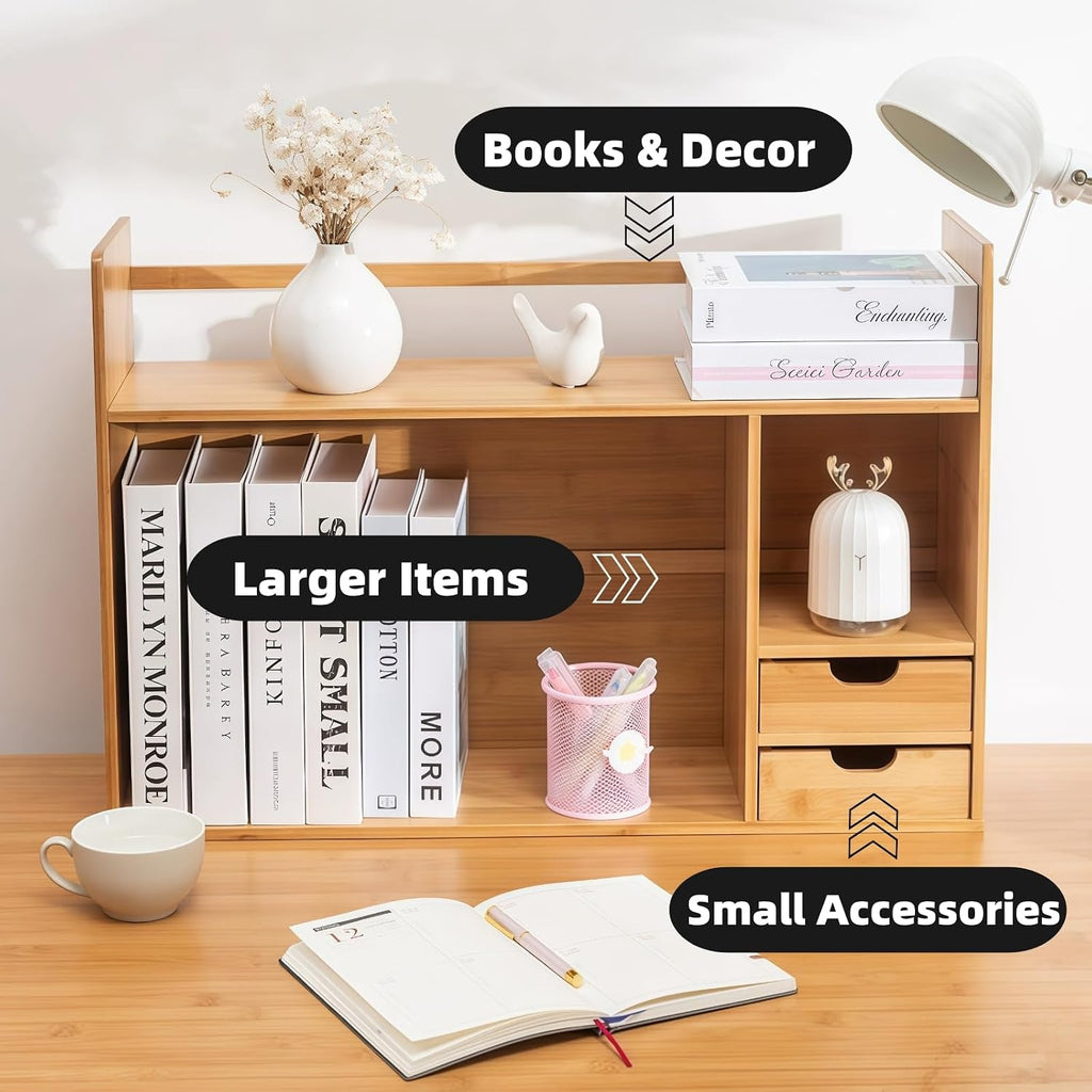 Bamboo Desktop Bookshelf 2-Tier Short Bookshelf with 2 Drawers Desk