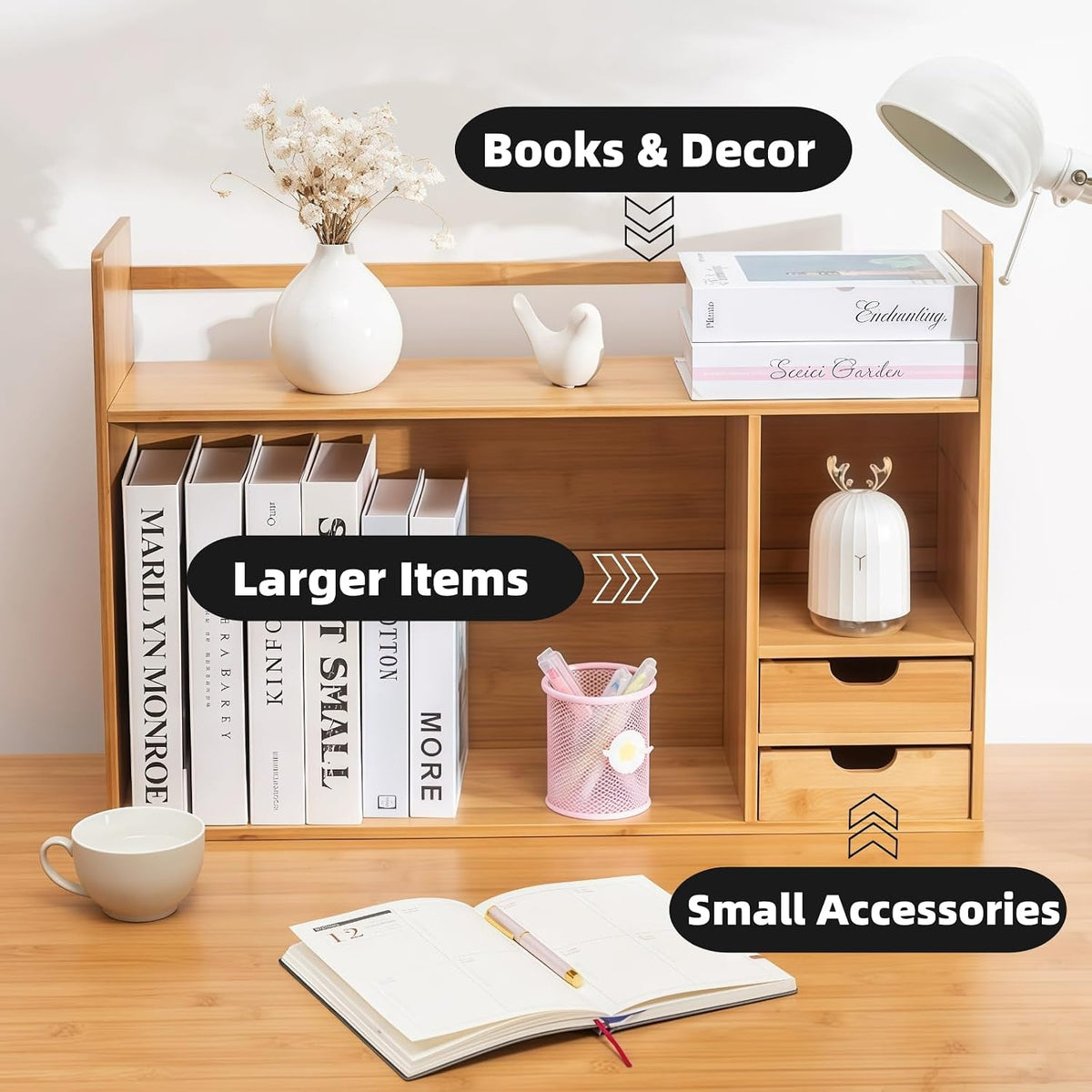 Bamboo Desktop Bookshelf 2-Tier Short Bookshelf with 2 Drawers Desk