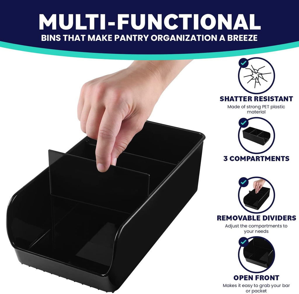 Black Storage Bins for Pantry - 3 Compartment Kitchen Cabinet and