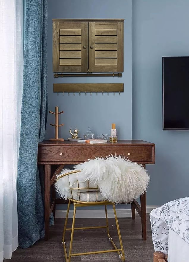 Rustic Wall Mounted Jewelry Organizer, Vintage Wooden Hanging Jewelry Holder Box - Image 7