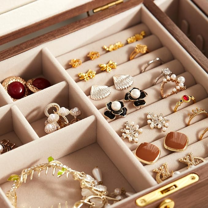 CHOSIN Black Walnut Wooden Jewelry Box, 4-Layer Lockable Wood Jewelry Organizer - Image 7