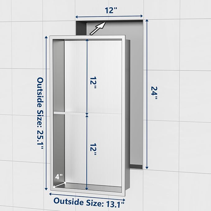 Stainless Steel Shower Niche 24" X 12", No Tile Needed Wall Niche Double Shelves - Image 3