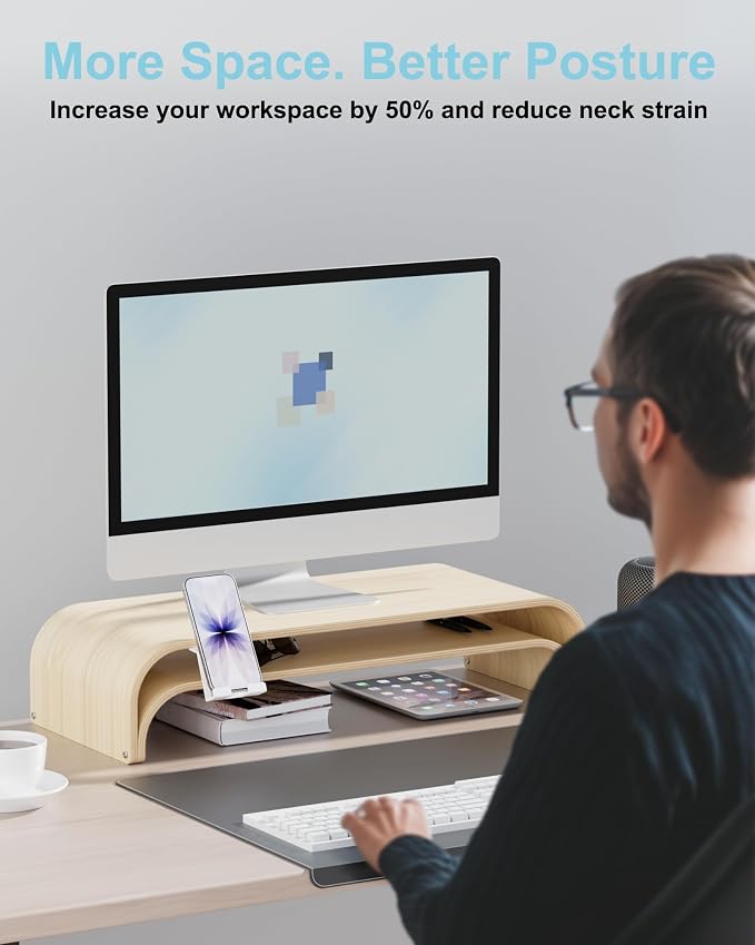 Solid Wood Dual Monitor Stand Riser 2 Tier, 24.1 Inch Desktop Organizer - Image 5