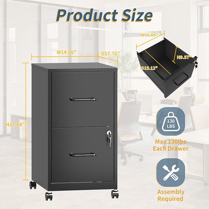 2 Drawer File Cabinet on Wheels, Mobile Filing Cabinets - Image 3