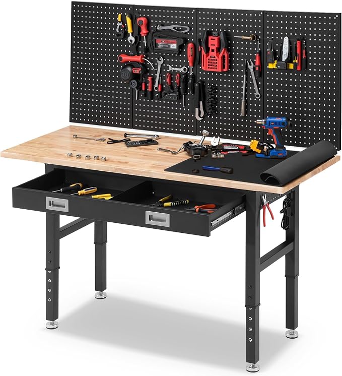 Work Bench for Garage with Drawers 60 x 22 Inch Heavy Duty Rubberwood Tabletop by ENJOYWOOD