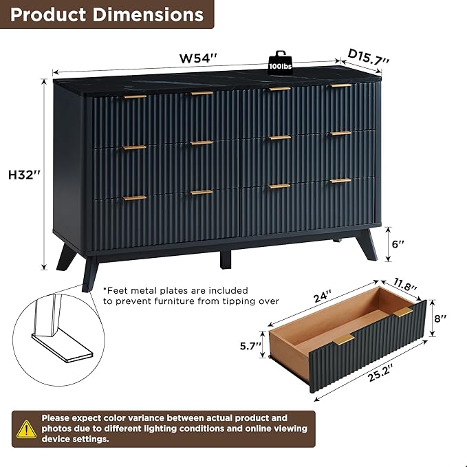 T4TREAM Fluted 6 Drawers Dresser, Curved Profile Design, Dresser TV Stand - Image 2