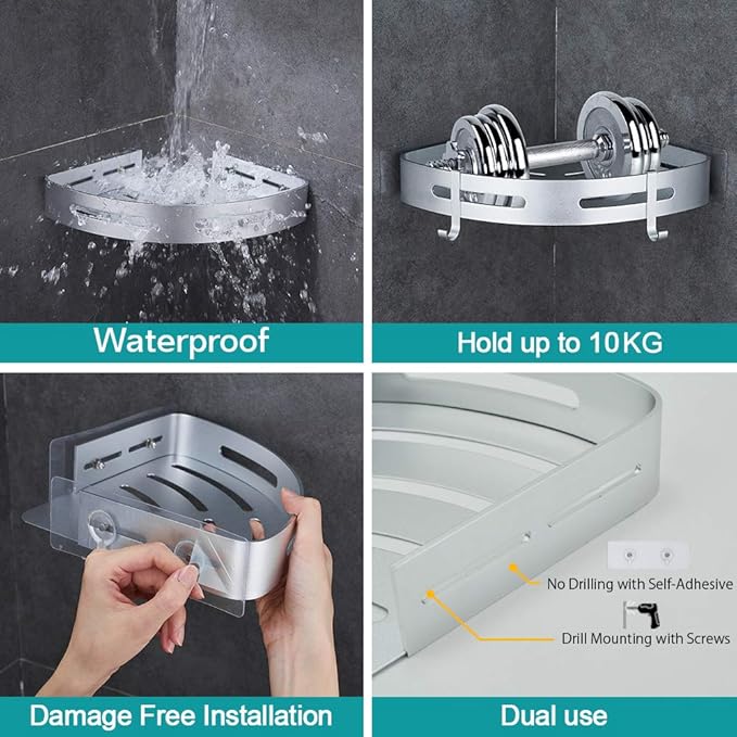 Hoomtaook Corner Caddy Bathroom Shower Shelf Wall Mounted No Drilling 2 Tier - Image 2