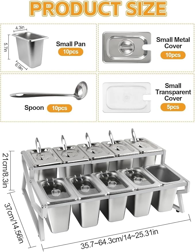 Kalolary 10 Pans Pizza Topping Storage Station, 2 Row Adjustable Stainless - Image 2