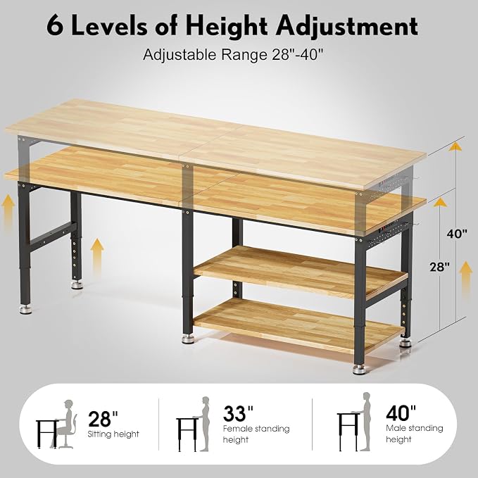 96” Adjustable Work Bench, 2-Layer Heavy Duty Workbench, 6000 LBS Capacity - Image 5