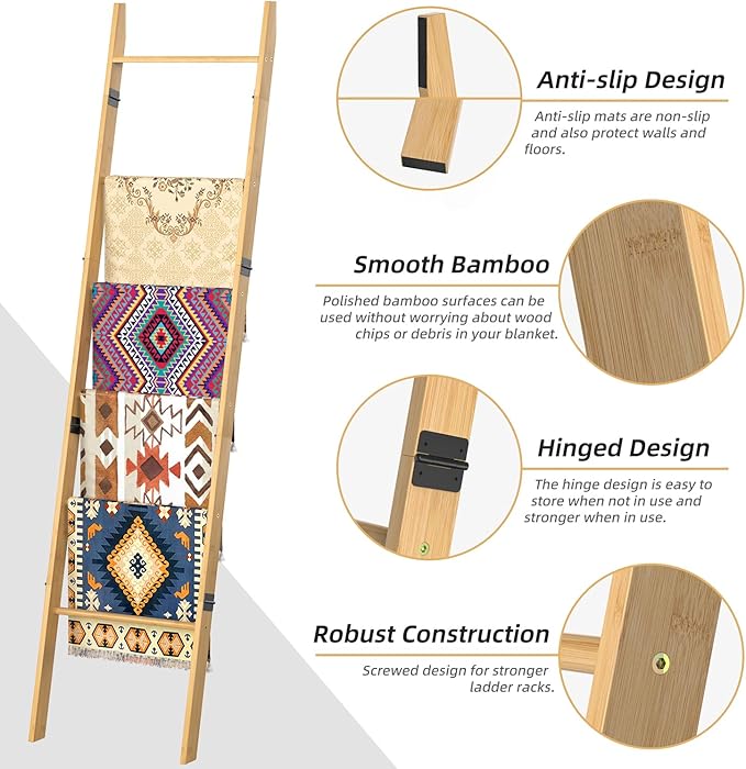 BAMBANG 6-Tier Blanket Ladder for Living Room, Blanket Quilt Ladder Rack Rustic - Image 4
