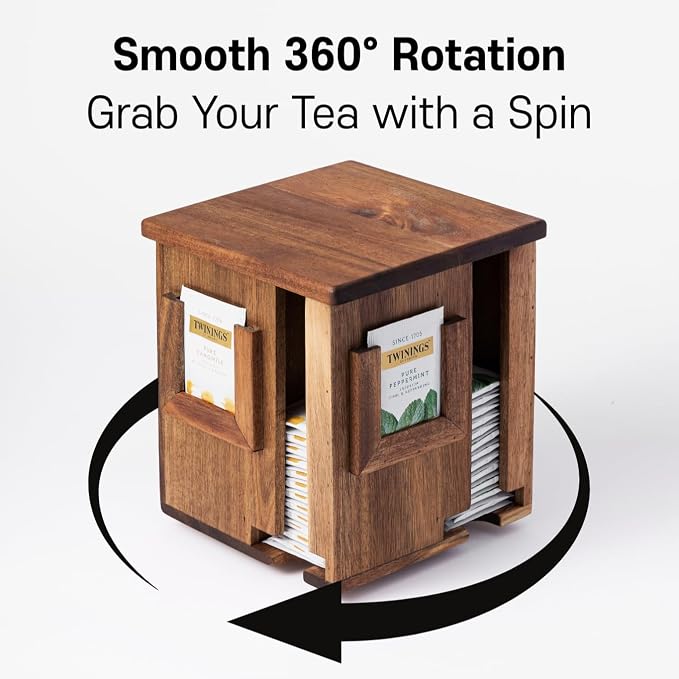 Rotating Tea Bag Organizer – Acacia Wood 4-Sided Storage Box - Image 4