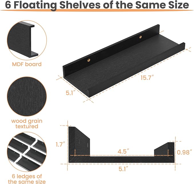 upsimples Floating Shelves for Wall, Wall Shelves for Decor Storage Set of 6 - Image 3