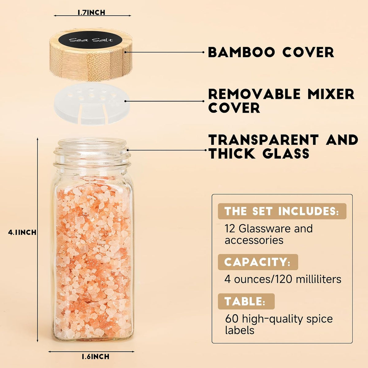 6Pcs Spice Jars with Label, 4oz Empty Square Seasoning Containers