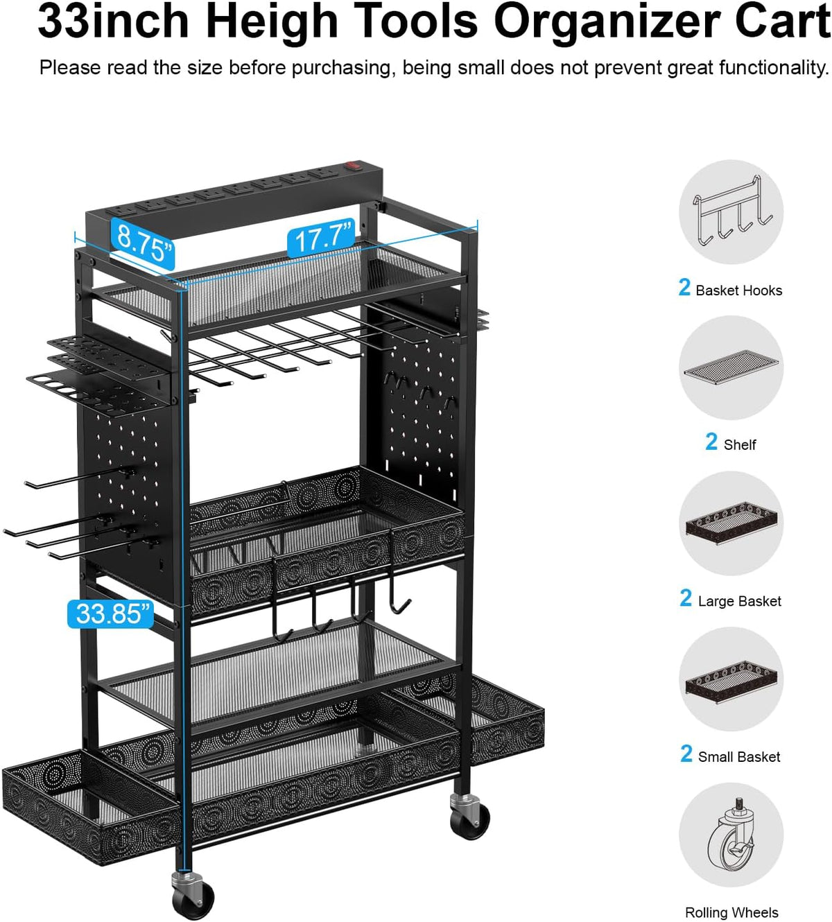 CCCEI Garage Power Tools Organizer Cart with Charging Station, Black