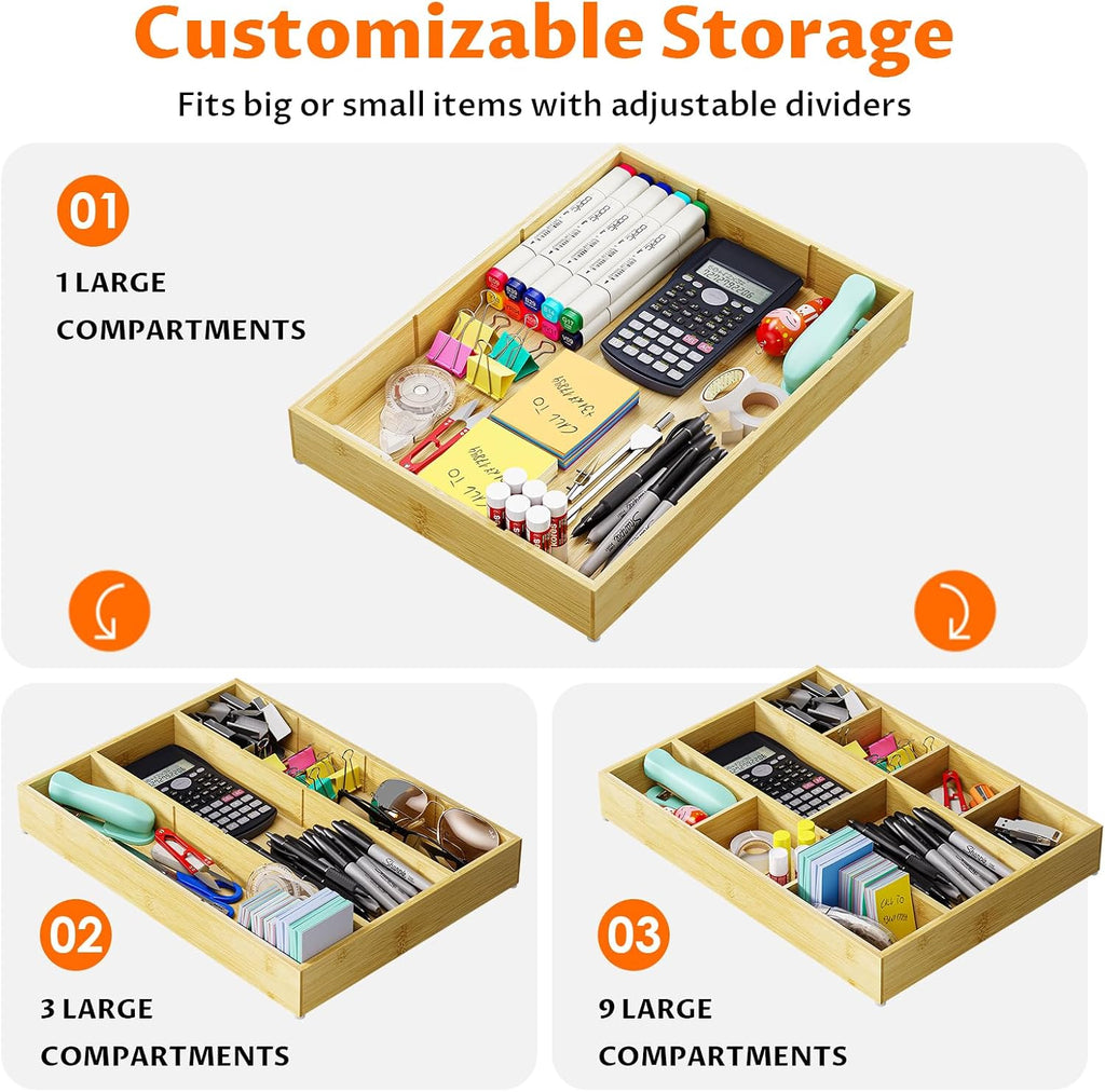Bamboo Drawer Organizer with 9 Adjustable Compartments, Desk Storage