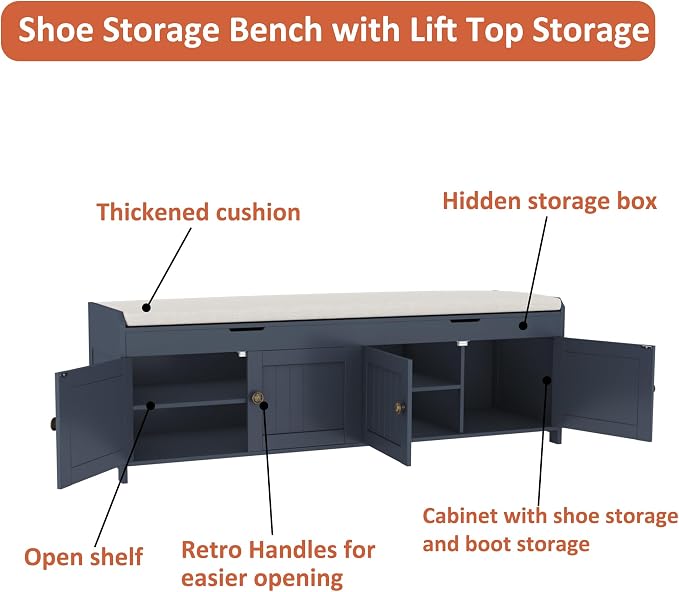HOMEFORT 54.4" Shoe Bench with Lift Top Storage, Entryway Bench with Cushioned - Image 7