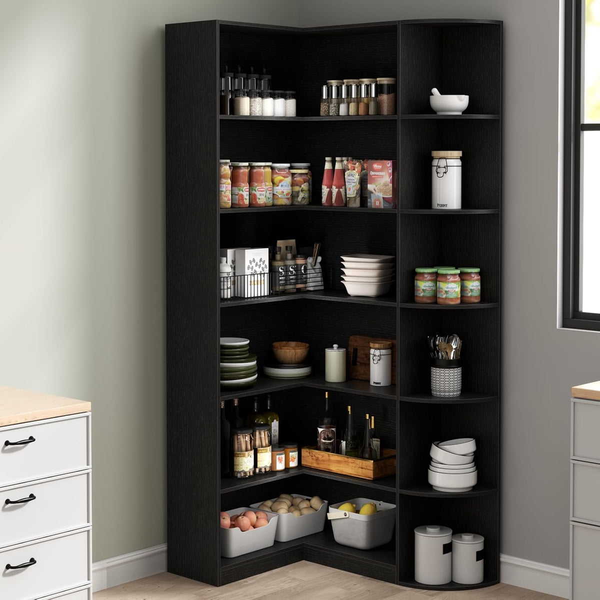 6-Tier Black Corner Bookshelf, 70.87" Tall L-Shaped Bookcase