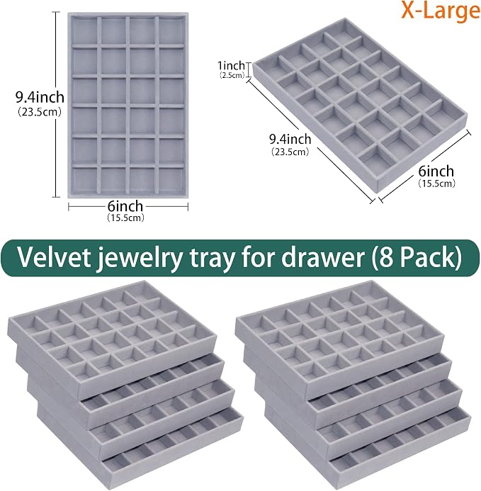 Stackable Jewelry Organizer Tray 24-Grid Velvet Jewelry Drawer Inserts Earring - Image 3