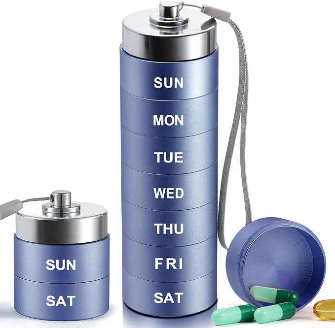 Metal Weekly Pill Organizer, Large Travel Pill Box, Portable Aluminum Alloy by Unknown
