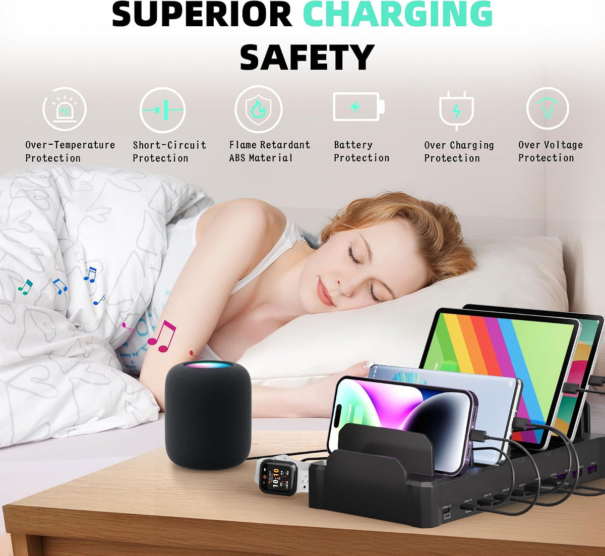 420W 10-Port Fast USB Charging Station for Multiple Devices, Black