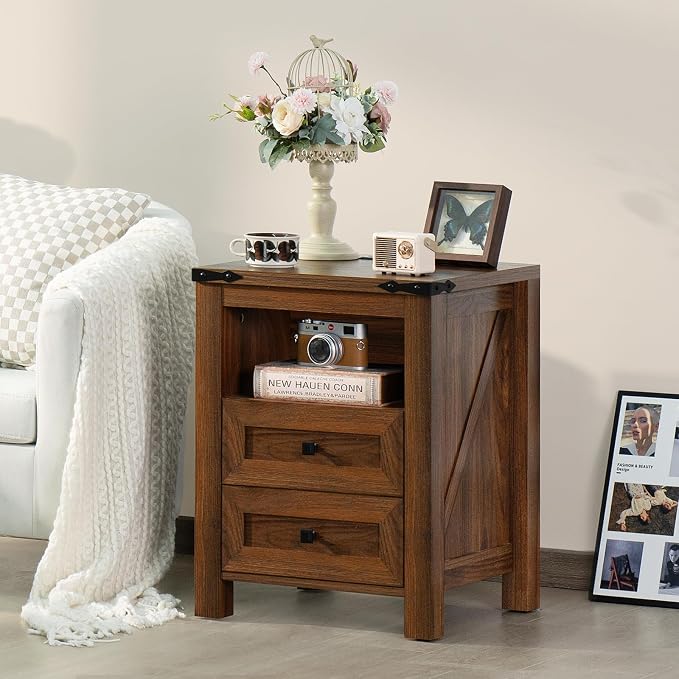 Nightstands Set of 2 with Charging Station, Farmhouse Side End Table with 2 - Image 4