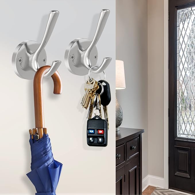 Brushed Nickel Wall Hooks, 4 Pack Heavy Duty Coat Towel Hook Metal Double Hook - Image 5