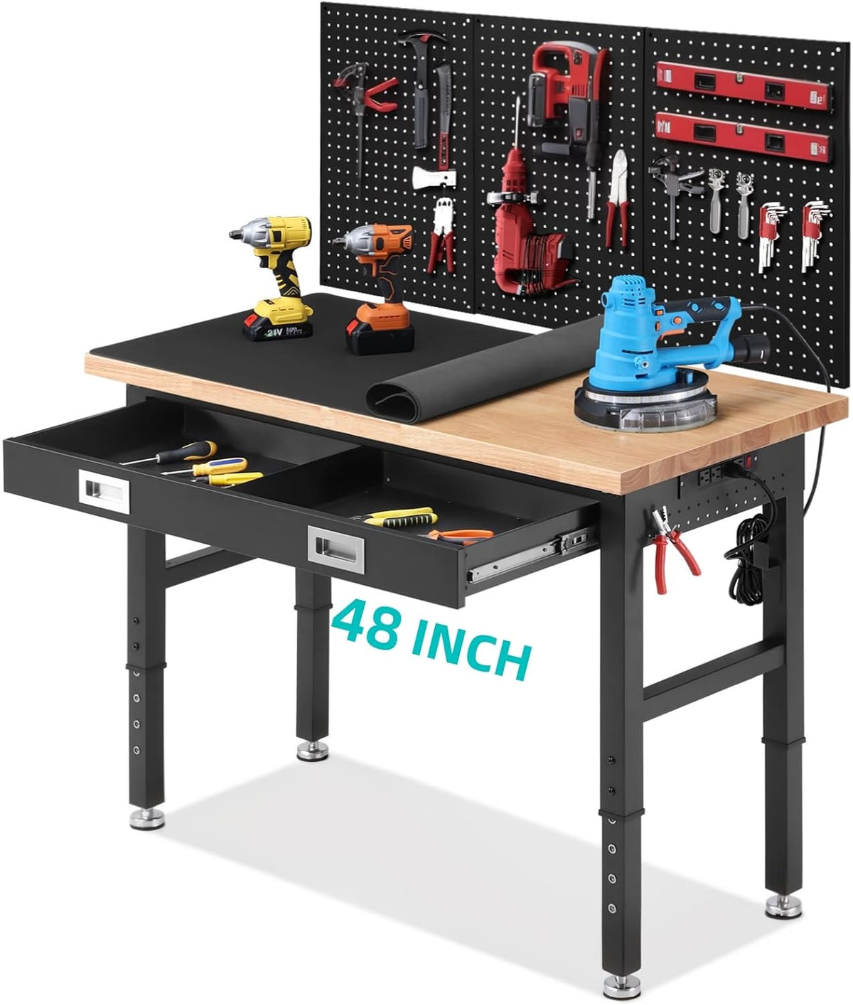 48" Adjustable Height Workbench with Drawers, Rubberwood Top
