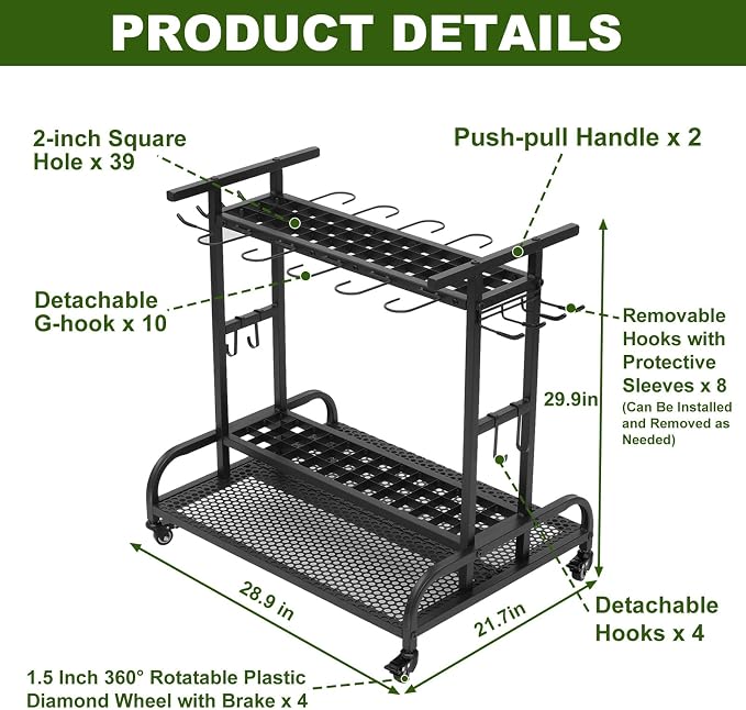 Garden Tool Organizer with Wheels, Large Capacity Garage Tool Rack with Hooks - Image 2