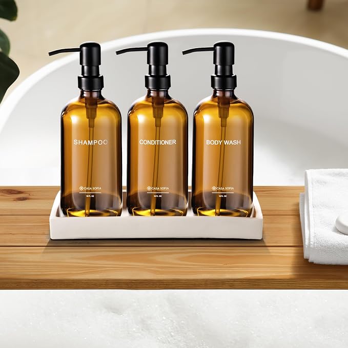Amber Glass Shampoo and Conditioner Dispenser Set – Refillable 16 OZ Bottles - Image 7