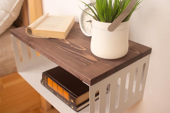 Floating Nightstand with White Metal Base, Wooden Top and Sturdy Metal Base - Image 3