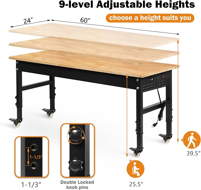 Betterhood 60" Adjustable Workbench on Wheels, Rubber Wood Heavy Duty - Image 2