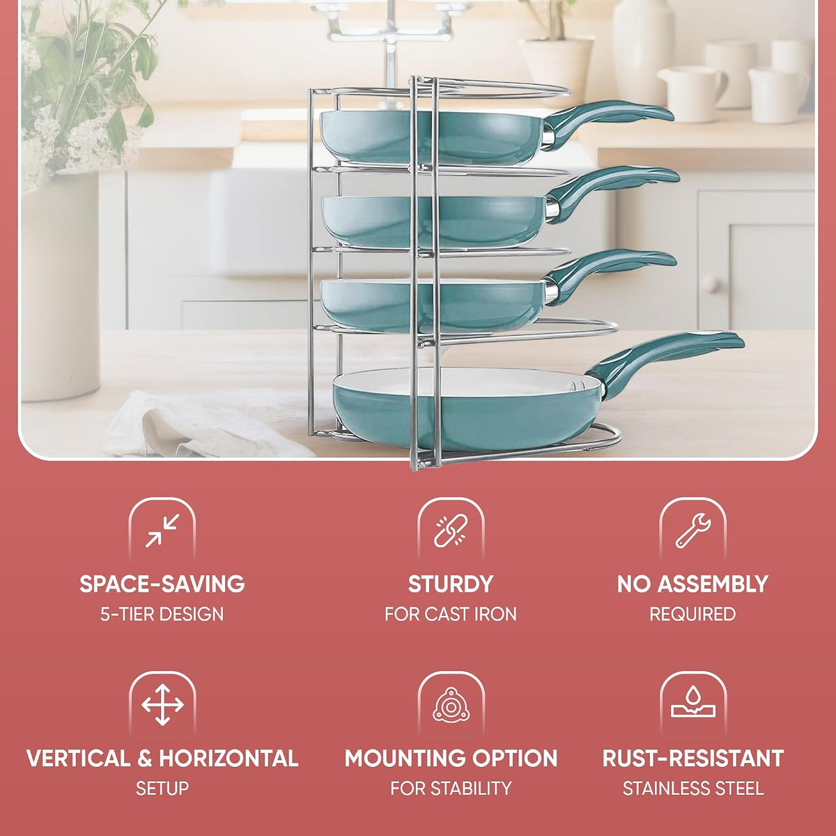 Heavy-Duty Pots and Pans Organizer | 5-Tier Cookware & Lid Storage