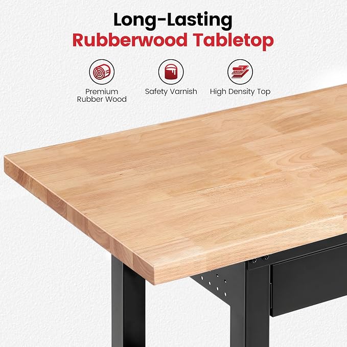 Work Bench with Shelf Bracket 60 Inch Heavy Duty Rubberwood Tabletop Workbench - Image 5