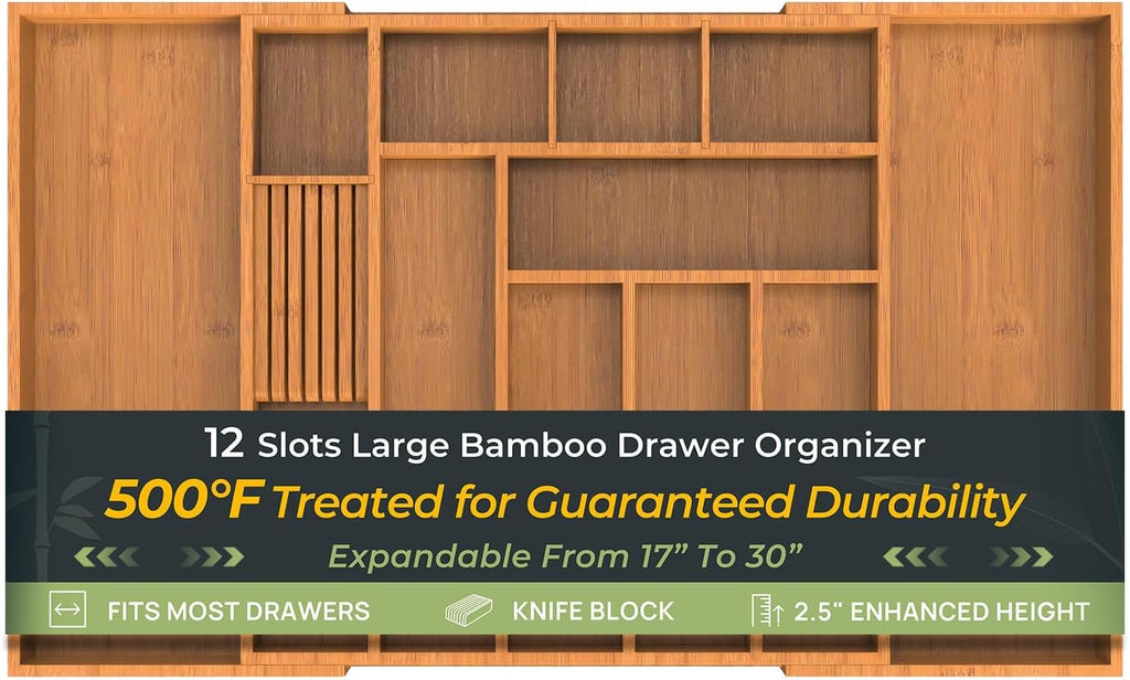 keechee Carbonized Large Bamboo Kitchen Drawer Organizer, 12 Slots