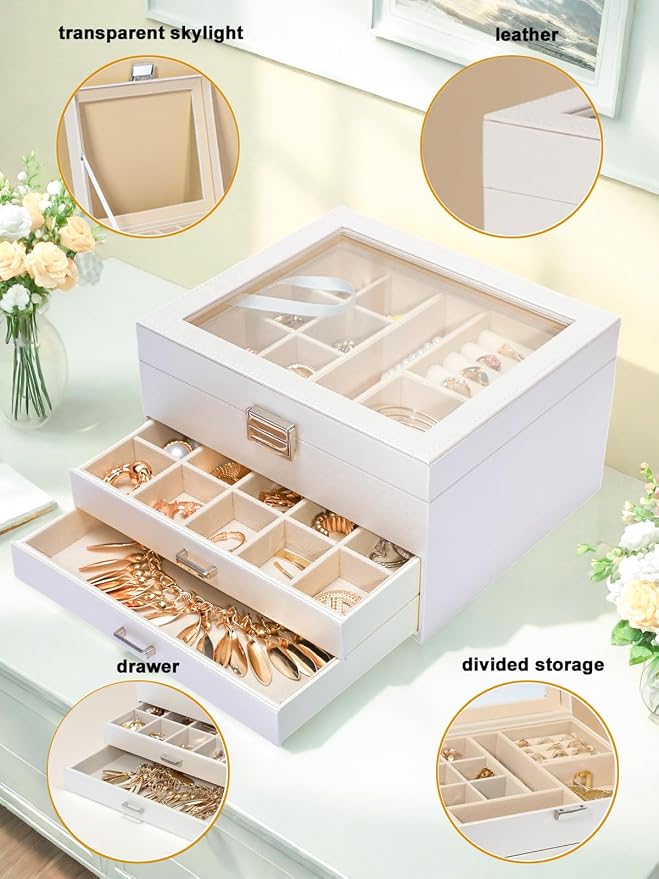 Clear Lid Jewelry Box, 3 Layers Jewelry Organizer Large Multi-Functional - Image 5