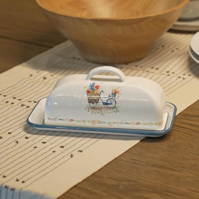 Enamel Butter Dish with Lid Vintage Enamelware Butter Keeper with Flower and - Image 6
