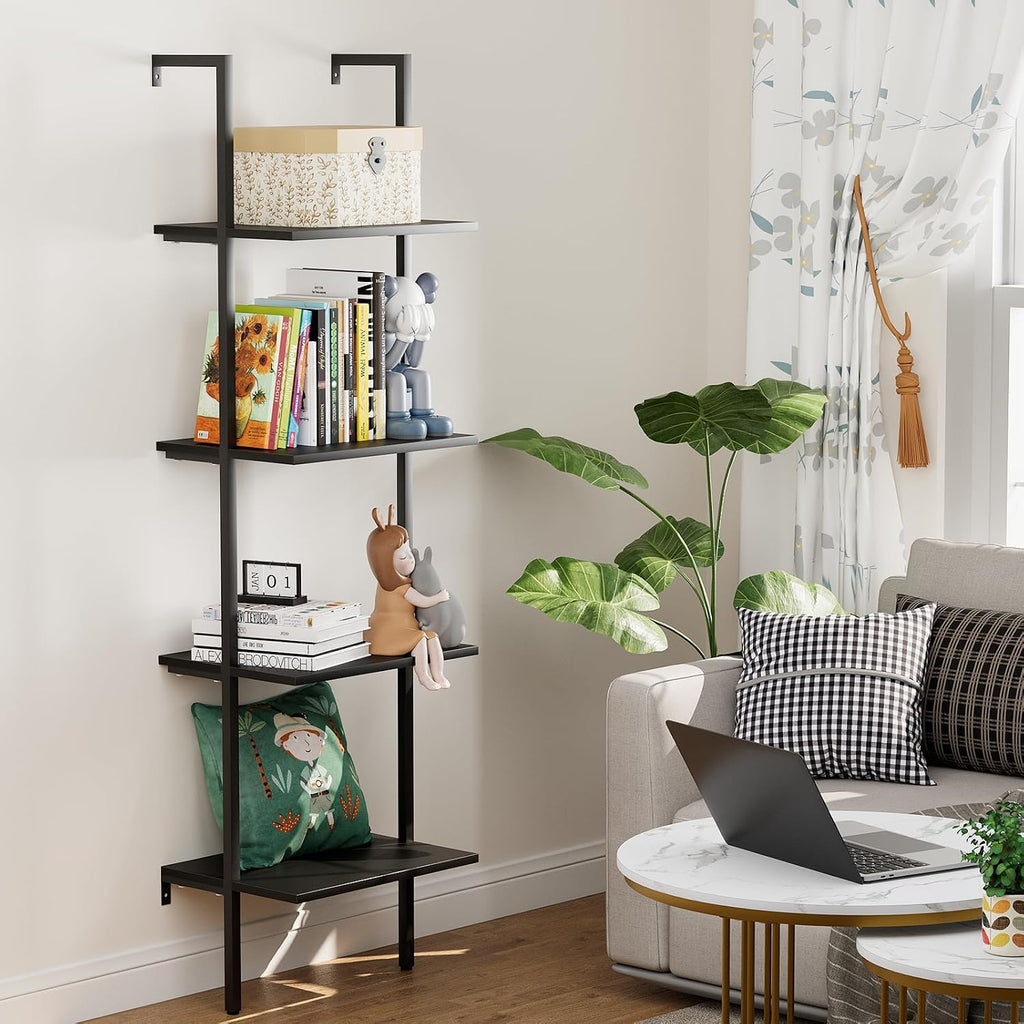 Ladder Shelf 4 Tiers Metal Industrial Bookshelf,Black Wooden Tall Open